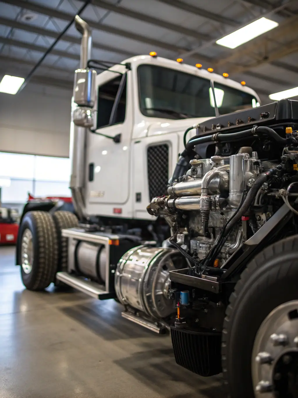 An image showcasing the powerful engine of an International ProStar Day Cab, emphasizing its fuel efficiency and performance capabilities, as offered by AmericanTruckDeals.