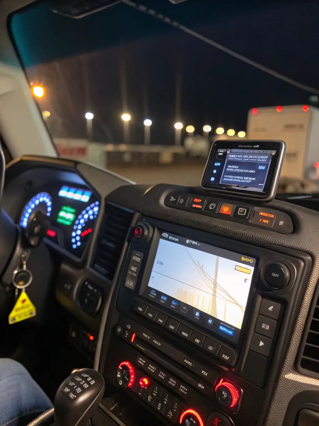 A detailed shot of the safety features in a Freightliner Day Cab, such as collision avoidance systems and lane departure warnings, available at AmericanTruckDeals.