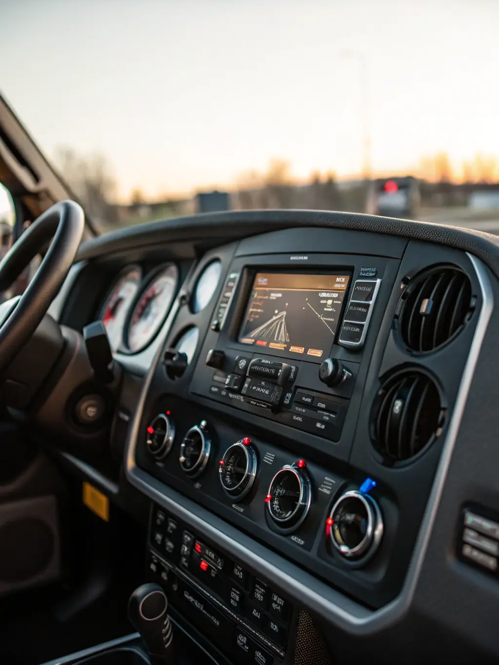 A close-up shot of a Kenworth T680 Day Cab's dashboard, highlighting its ergonomic design and advanced technology features, set in the context of AmericanTruckDeals' inventory.